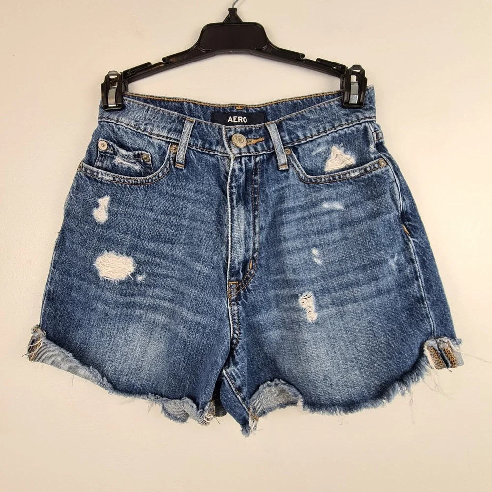 Aero Women's High Rise Curvy Mom Shorts 0 Aeropostale Jean Mini Denim Distressed